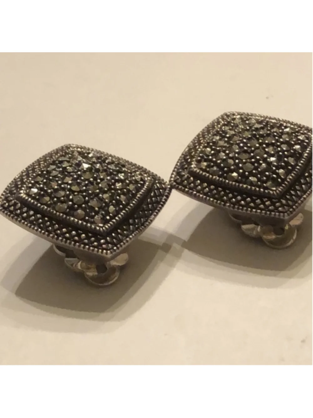 925 Sterling Silver Marcasite Signed MO Clip On Earrings